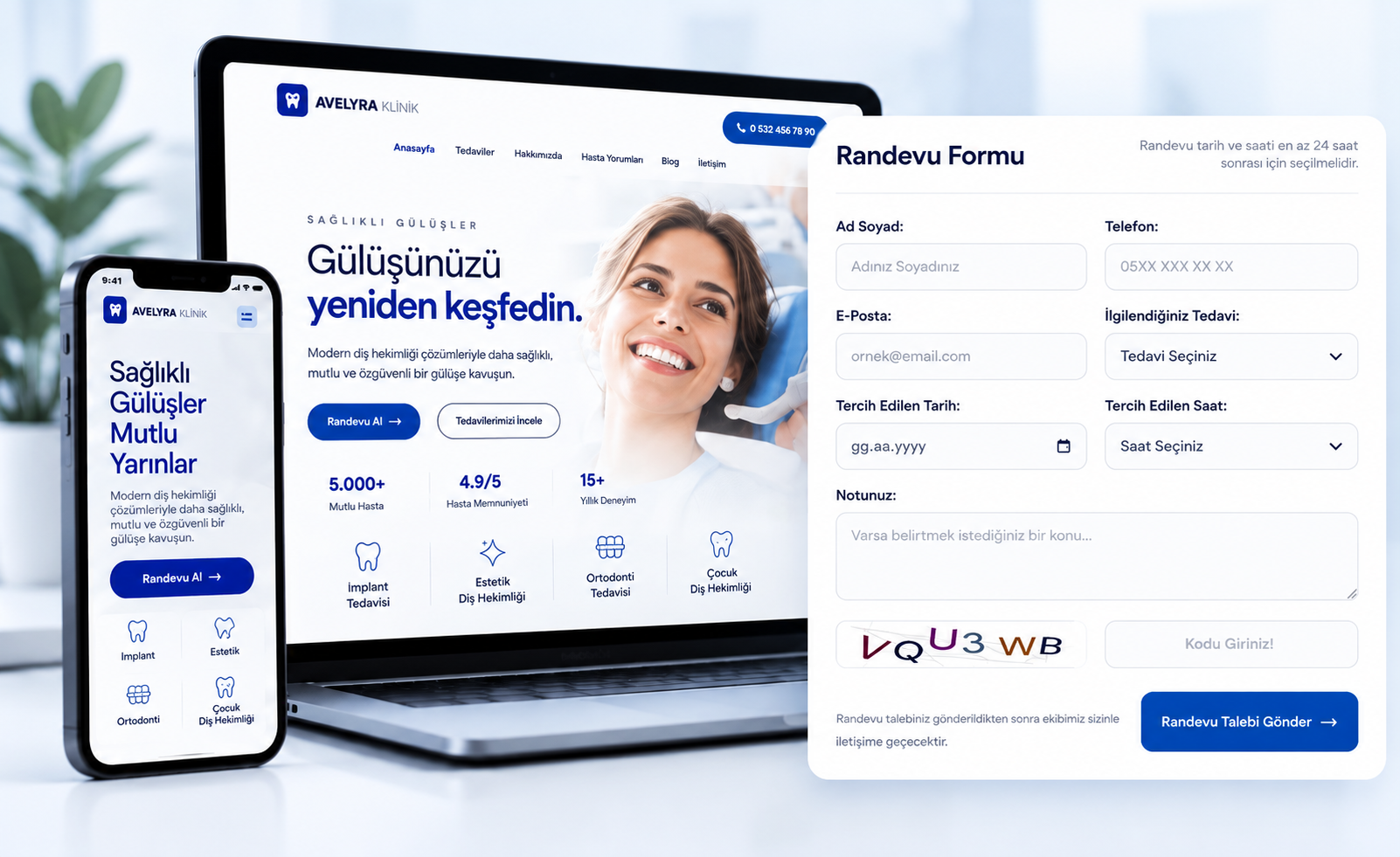 Avelyra diş kliniği web sitesi, mobil görünüm ve online randevu formu